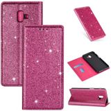 For Samsung Galaxy J6+ Ultrathin Glitter Magnetic Horizontal Flip Leather Case with Holder & Card Slots(Rose Red)