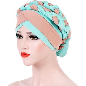 Two-color Braided Milk Silk Turban Cap  Size:M?56-58cm?(Light Green + Khaki)