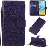 For Huawei Enjoy 10e Pressed Printing Sunflower Pattern Horizontal Flip PU Leather Case with Holder & Card Slots & Wallet & Lanyard(Purple)