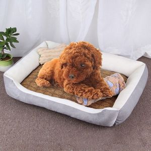 Dog Bone Pattern Big Soft Warm Kennel Pet Dog Cat Mat Blanket  with Rattan Mat & Blanket Size: XS  50×40×15cm (Grey White)