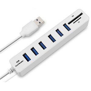 Multi USB 2.0 Hub USB Splitter High Speed 6 Ports with TF SD Card Reader(White)
