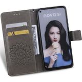 Pressed Printing Sunflower Pattern Horizontal Flip PU Leather Case for Huawei Nova 5i / P20 Lite (2019)  with Holder & Card Slots & Wallet & Lanyard (Grey)