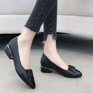 Spring And Summer Cowhide Shoes With Thick Heel Mid-Heel For Women  Size: 38(Black)