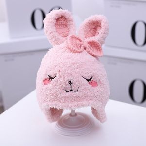 C0091 Rabbit Pattern Full Cashmere Baby Knitted Hat Winter Warm Children Ear Protection Cap  Size: One Size(Pink)