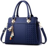 Fashion Women Tassel PU Leather Embroidery Crossbody Bag Shoulder Bag Simple Style Hand Bags(dark blue)
