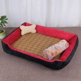 Dog Bone Pattern Big Soft Warm Kennel Pet Dog Cat Mat Blanket  with Rattan Mat & Blanket Size: XS  50×40×15cm (Black Red)