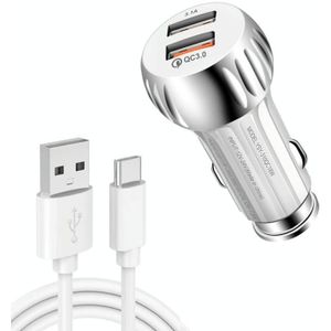 YSY-310QC18W QC3.0 Dual Port USB Car Charger + 3A USB to USB-C / Type-C Data Cable  Cable Length: 1m(White)