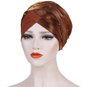 2 PCS Women Beaded Two-color Turban Hat Bright Silk Cloth Hooded Cap(Red Brown)