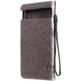 For Google Pixel 6 Tree & Cat Embossed Pattern Horizontal Flip Leather Case with Holder & Card Slots & Wallet & Lanyard(Grey)