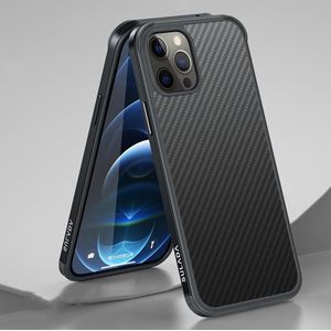 SULADA Luxury 3D Carbon Fiber Textured Shockproof Metal + TPU Frame Case For iPhone 12 / 12 Pro(Black)