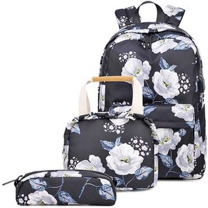 1909-1 3 PCS/Set Printed Backpack Small Fresh Student School Bag Computer Bag Lunch Backpack(Black)
