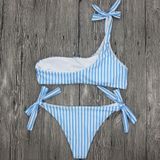 One Shoulder Bikini Bandage Striped Swimwear Women Lace Up Tied String Sexy Bikinis Set(M)