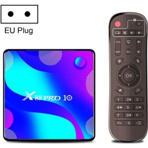 X88 Pro 10 4K Ultra HD Android TV Box with Remote Controller  Android 10.0  RK3318 Quad-Core 64bit Cortex-A53  4GB+64GB  Support Bluetooth / Dual-Band WiFi / TF Card / USB / AV / Ethernet(EU Plug)