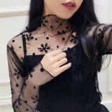 Sexy Mesh High Collar Long Sleeve Bottoming Blouse  Size:  One Size( Snowflake )