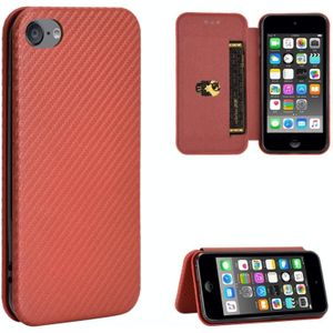 Voor iPod Touch 5 / 6 / 7 Koolstofvezel textuur Magnetische horizontale flip TPU + PC + PU lederen hoes met kaartsleuf (bruin)