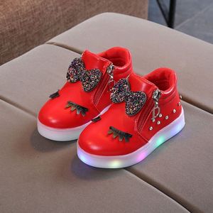 Kinderschoenen Baby Infant Girls Eyelash Crystal Bowknot LED Luminous Boots Sneakers  Maat:21 (Rood)