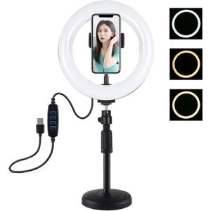 PULUZ 7.9 inch 20cm Light+ Round Base Desktop Mount USB 3 Modes Dimmable Dual Color Temperature LED Curved Light Ring Vlogging Selfie Photography Video Lights with Phone Clamp (Black)