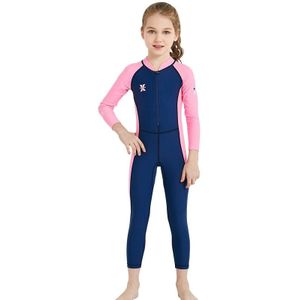 DIVE&SAIL Children Diving Suit Outdoor Long-sleeved One-piece Swimsuit Sunscreen Swimwear  Size: S(Girls Dark Blue)