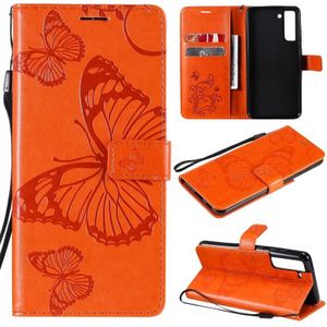 Voor Samsung Galaxy S21 Fe Drukt Printing Vlinder Patroon Horizontale Flip PU Lederen Case met Houder & Card Slots & Wallet & Lanyard (Oranje)