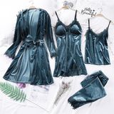 Gold Velvet 4 Pieces Warm Winter Pajamas Sets  Size:L(Sky Blue)