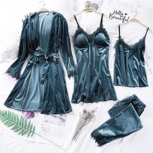 Gold Velvet 4 Pieces Warm Winter Pajamas Sets  Size:L(Sky Blue)