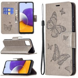 Voor Samsung Galaxy A22 5G Embossing Two Butterflies Pattern Horizontale Flip PU Lederen Case met Houder & Card Slot & Wallet & Lanyard