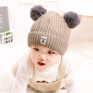 Autumn and Winter Children Cotton Double Ball Earmuffs Knitted Hat  Size:Without Cashmere(Khaki)