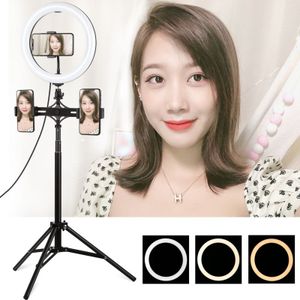 PULUZ 1.65m Tripod Mount + Dual Phone Brackets + 10.2 inch 26cm Curved Surface USB 3 Modes Dimmable Dual Color Temperature Ring Vlogging Video Light Live Broadcast Kits with Phone Clamp (Black)