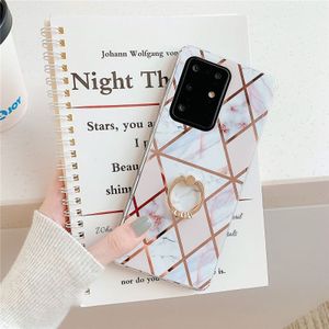 For Galaxy S20 Plus Plating Colorful Geometric Pattern Mosaic Marble TPU Mobile Phone Case Rhinestone Stand Ring(White PR3)