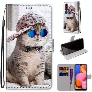 Voor Samsung Galaxy A20s Coloured Drawing Cross Texture Horizontale Flip PU Lederen case met Holder & Card Slots & Wallet & Lanyard (Schuine Hoed Blauwe Spiegel Cat)