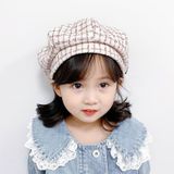 MZ9676 Meisjes Plaid Baret Lente en Herfst Kinderen Hoed  Grootte: 48-50cm (Paars roze)