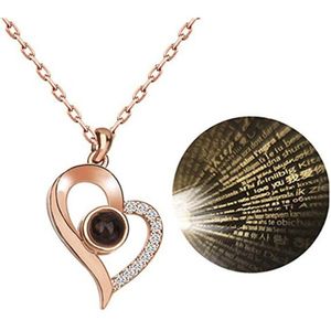100 Language I Love You Projective Girl Heart Pendant Necklace Jewelry (Gold)