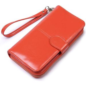 Ladies Oil Wax Leather Retro Long Large Capacity Multifunctional Wallet Clutch Bag(Orange Red)
