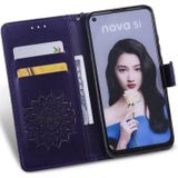 Pressed Printing Sunflower Pattern Horizontal Flip PU Leather Case for Huawei Nova 5i / P20 Lite (2019)  with Holder & Card Slots & Wallet & Lanyard (Purple)