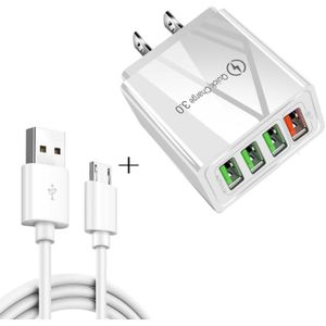 2 in 1 1m USB to Micro USB Data Cable + 30W QC 3.0 4 USB Interfaces Mobile Phone Tablet PC Universal Quick Charger Travel Charger Set  US Plug(White)