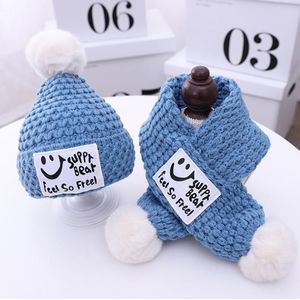 C0108 Smiley Children Knitted Hat Autumn and Winter Baby Woolen Hat Scarf Set(Blue)
