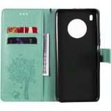 For Huawei Y9a Tree & Cat Pattern Pressed Printing Horizontal Flip PU Leather Case with Holder & Card Slots & Wallet & Lanyard(Green)