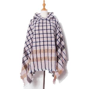 Spring Autumn Winter Checkered Pattern Hooded Cloak Shawl Scarf  Length (CM): 135cm(DP2-02 Pink White)