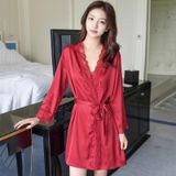 2 in 1 Ladies Lace Silk Sling Nightdress + Cardigan Nightgown Set (Color:Wine Red Size:Xxl)