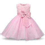 Pink Girls Sleeveless Rose Flower Pattern Bow-knot Lace Dress Show Dress  Kid Size: 130cm