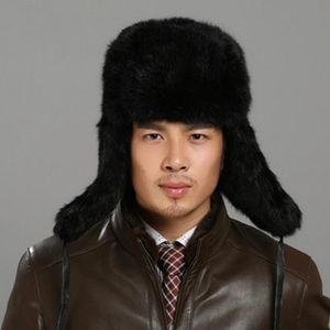 Black Autumn and Winter Thick Warm Rabbit Fur Bomber Hat Flight Hat for Men  Hat Size:XXL