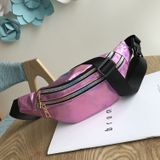 Women Punk Laser Glossy PU Double Zipper Chest Bag Casual Waist Bag(Pink )