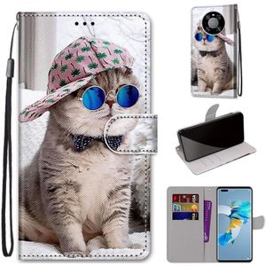 For Huawei Mate 40 Pro Coloured Drawing Cross Texture Horizontal Flip PU Leather Case with Holder & Card Slots & Wallet & Lanyard(Slant Hat Blue Mirror Cat)