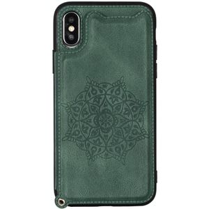 For iPhone XS / X Mandala Embossed PU + TPU Case with Holder & Card Slots & Photo Frame & Hand Strap(Green)