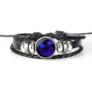 12 Constellation Black Braided Leather Glass Dome Punk Men Bracelet(Aquarius)