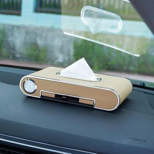 Car Dashboard Diamond Paper Towel Box with Temporary Parking Phone Number Card & Phone Holder & Clock(Beige)