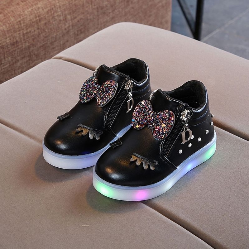 Kinderschoenen Baby Infant Girls Eyelash Crystal Bowknot LED Luminous Boots Sneakers  Maat:22 (Zwart)