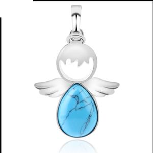 Women Angel Wings Pendants Natural Crystal Stone Necklaces(Blue Turquoise)