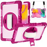 For Samsung Galaxy Tab A 10.1 2019 T515 360 Degree Rotation Contrast Color Shockproof Silicone + PC Case with Holder & Hand Grip Strap & Shoulder Strap(Rose Red+Pink)