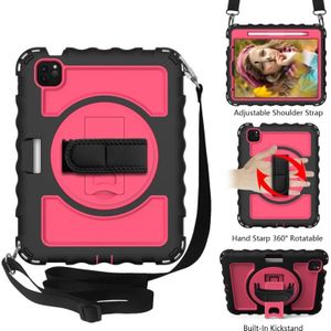 For iPad Air 2020 10.9 360 Degree Rotation PC + Silicone Shockproof Combination Case with Holder & Hand Grip Strap & Neck Strap & Pen Slot Holder(Black+Hot Pink)(Black+Hot Pink)(Black+Hot Pink)(Black+Hot Pink)